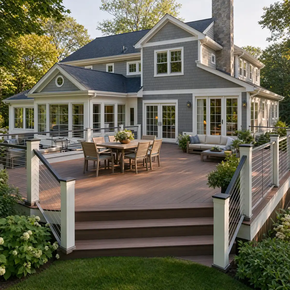 Deck installation contractor Omega Development LLC Westport, Connecticut, modern two‑story home with gray siding, white trim, and a spacious wooden deck featuring cable railing, outdoor dining furniture, seating areas, and lush landscaping.
